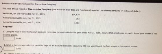 Accounts Receivable Turnover for Rise-n-shine Company The 2015 annual report of Rise-n-shine Company (the maker of Brandees a