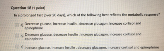 Question 18 (1 point) In a prolonged fast (over 20 days), which of the following best reflects the metabolic response? a) Dec