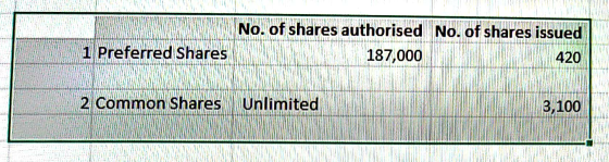 No. of shares authorised No. of shares issued 1 Preferred Shares 187,000 420 2 common shares Unlimited 3,100