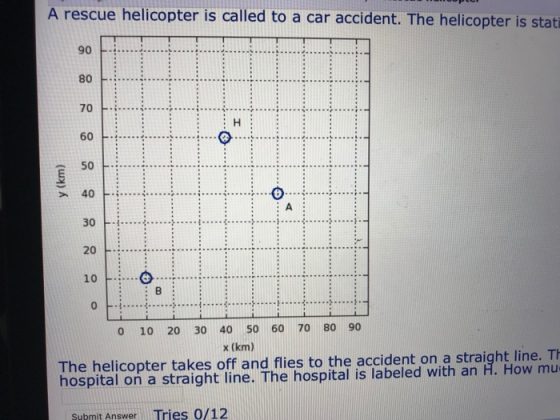 A rescue helicopter is called to a car accident. The helicopter is stati y (km) F.. . 0 10 20 30 40 50 60 70 80 90 X (km The