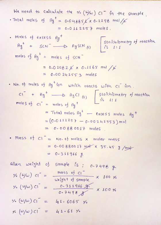 We need to calculate the % (w/w) ci- in the sample. • Total moles of Ag= 0.04885x 0.2298 mollk = 0.0112257 moles, · Moles of