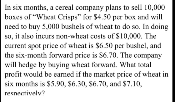In six months, a cereal company plans to sell 10,000 boxes of Wheat Crisps for $4.50 per box and will need to buy 5,000 bushels of wheat to do so. In doing so, it also incurs non-wheat costs of $10,000. The current spot price of wheat is $6.50 per bushel, and the six-month forward price is $6.70. The company will hedge by buying wheat forward. What total profit would be earned if the market price of wheat in six months is $5.90, $6.30, $6.70, and $7.10 resnectivelv?