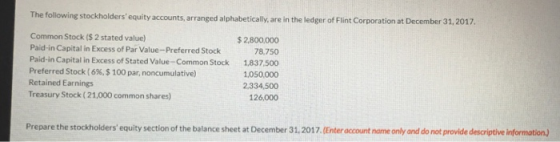 The following stockholders equity accounts, arranged alphabetically, are in the ledger of Flint Corporation at December 31,2017. Common Stock ($ 2 stated value) Paid-in Capital in Excess of Par Value-Preferred Stock Paid-in Capital in Excess of Stated Value-Common Stock Preferred Stock ( 6%, $ 100 par, noncumulative) Retained Earnings $ 2.800,000 78,750 1,837,500 1,050,00 Treasury Stock (21,000 common shares 2.334,500 126,000 Prepare the stockholders equity section of the balance sheet at December 31.2017.Enter account name only and do not provide descriptive