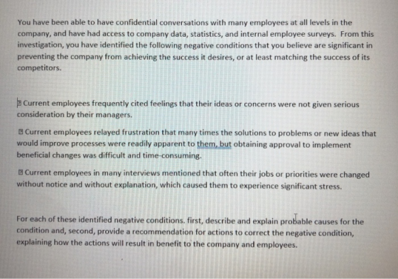 You have been able to have confidential conversations with many employees at all levels in the company, and have had access t