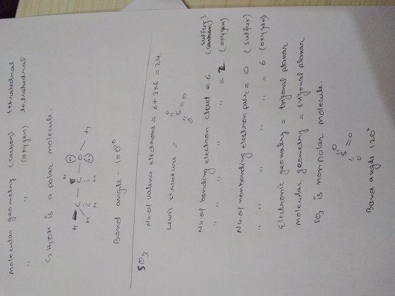 molecular geometry (carbon (orygen) tetrahedral tetrahedral CH,OH is a polar molecule. Hac Bond angle - 1000 Nu rol valence e