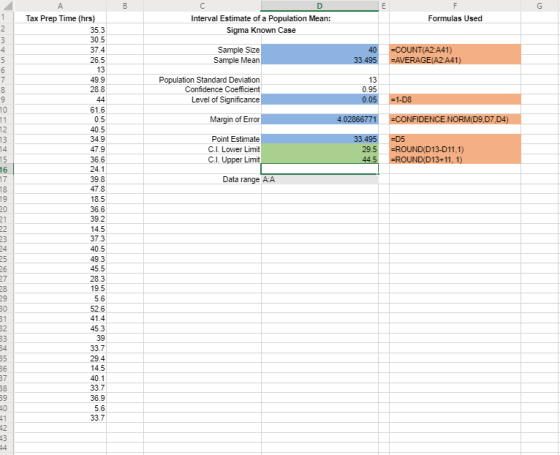 Formulas Used Interval Estimate of a Population Mean: Sigma Known Case Tax Prep Time (hrs) 35.3 30.5 37.4 26.5 Sample Size Sa