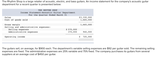 The Rhythm Shop is a large retailer of acoustic, electric, and bass guitars. An income statement for the companys acoustic g