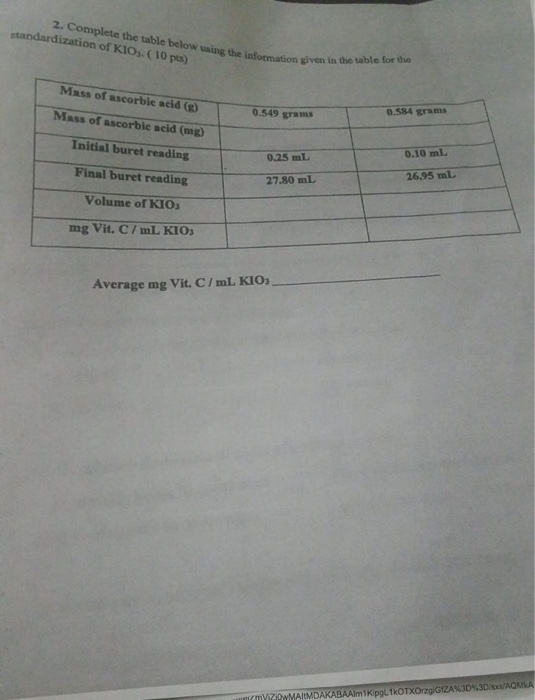 2. Complete the table below using the information given in the table for the standardization of KIO). ( 10 pts) Mass of ascor