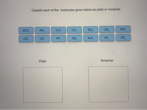Classify each of the molecules given below as polar or nonpolar. BrCI NH, HO CH, so, CS XeF, co, OF, PF, so, XeF, SF, SF, Pol