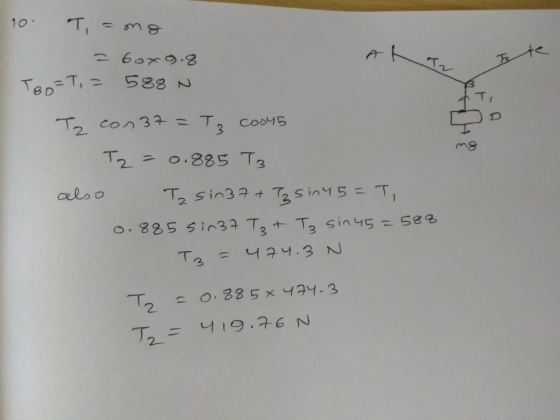 10 T. 1 2 60x9.2 588 N TeD T, T2 con37 T CosYE T2 0.885 T3 also T2 sin3+ T3Sin 5=T 1 O.885 5in32 Ta Ta sin45 + 474.3 N Te 1 O