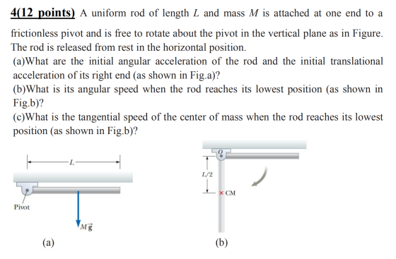 4(12 points) A uniform rod of length L and mass M is attached at one end to a frictionless pivot and is free to rotate about