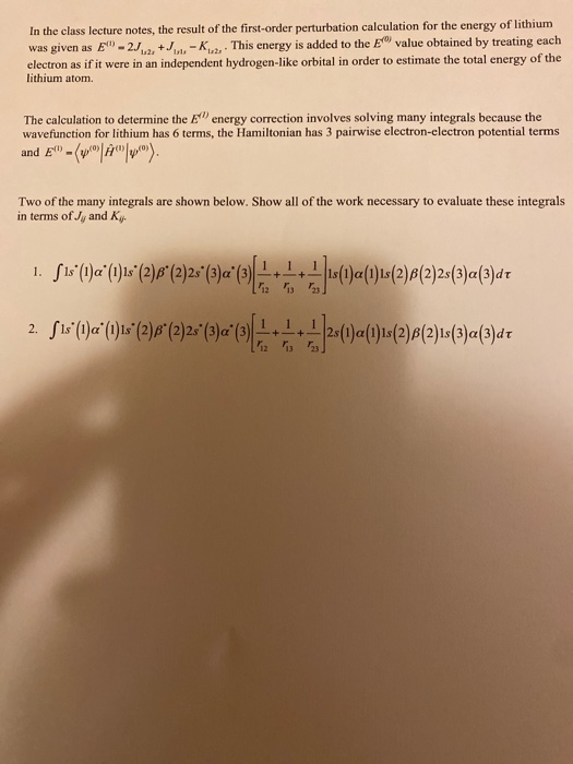 In the class lecture notes, the result of the first-order perturbation calculation for the energy of lithium was given as E-2