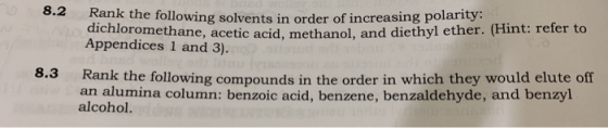 8.2 Rank the following solvents in order of increasing polarity: dichloromethane, acetic acid, methanol, and diethyl ether. (