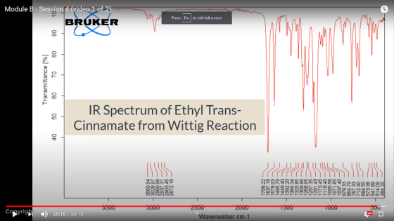 Module B - Session 4 (video 1 of 2) BRUKER Press Esc to exit full screen 90 80 70 Transmittance [%] 60 50 IR Spectrum of Ethy