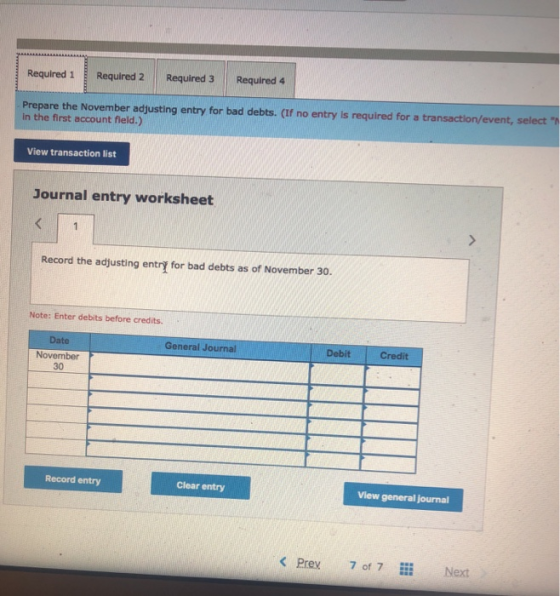 Required 1 Required 2 Required 3 Required 4 Prepare the November adjusting entry for bad debts. (If no entry is required for