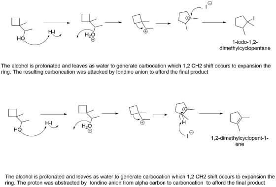 Н- Нао НQ 1-iodo-1,2 dimethylcyclopentane The alcohol is protonated and leaves as water to generate carbocation which 1,2 CH2
