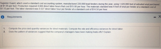 Superior Guard, which used a standard cost accounting system, manufactured 220,000 boat fonders during the year, using 1,420,