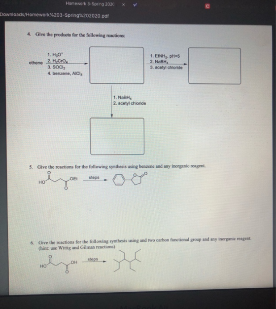 Homework 3-Spring 2020 W Downloads/Homework%203-Spring%202020.pdf 4. Give the products for the following reactions: 1. H30+ e