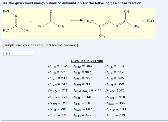 Use the given bond energy values to estimate AH for the following gas-phase reaction. H2N. CH3 НАС, + H20 HC CH CH | HỌC CH,
