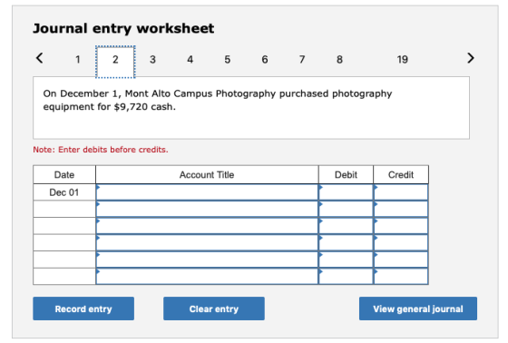 Journal entry worksheet 3 4 < 1 5 6 7 8 19 » On December 1, Mont Alto Campus Photography purchased photography equipment for