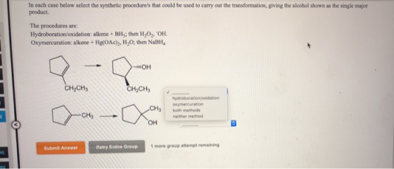In each case below select the synthetic procedure/s that could be used to carry out the transformation, giving the alcohol sh