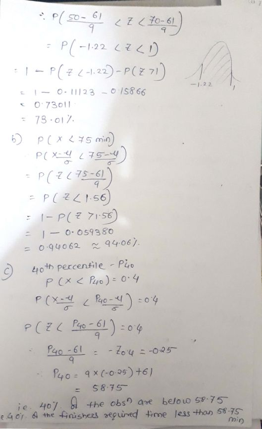 = P(-1.22 LALD 1 - P(Z (-1.22)-P(771) 1 E1-0-1/23 - 015866 0.73011 73.012 5) P( x 2 5 min). P(x-1 (75 ) = P(Z (75-61) = P(ZL1