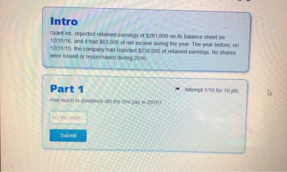 Intro Grant Inc. reported retained earnings of $281,000 on its balance sheet on 12/31/16, and it had $63,000 of net income du