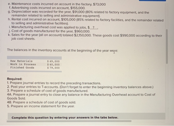 e. Maintenance costs incurred on account in the factory, $73,000 f. Advertising costs incurred on account, $155.000. g. Depre