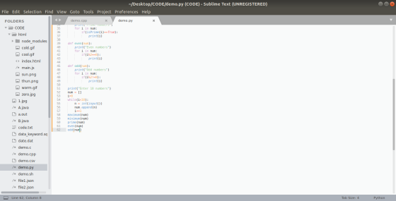 ~/Desktop/CODE/demo.py (CODE) - Sublime Text (UNREGISTERED), Tools Project Preferences Help File Edit Selection Find View Got