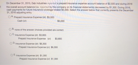 On December 31, 2015, Dab Industries reported a prepaid insurance expense account balance of $2,500 and during 2016 the overa