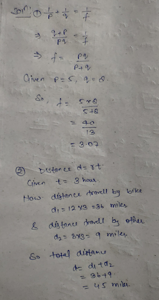 Join ott > fa pa Ptq Given p=s, q= d. So, da so Sta = 40 13 - 3.07 @ Distance a=rt. Given t= 3 hour How distance travell by b