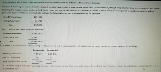 Single Plantwide and Multiple Production Department Factory Overhead Rate Methods and Product Cost Distortion Pineapple Motor