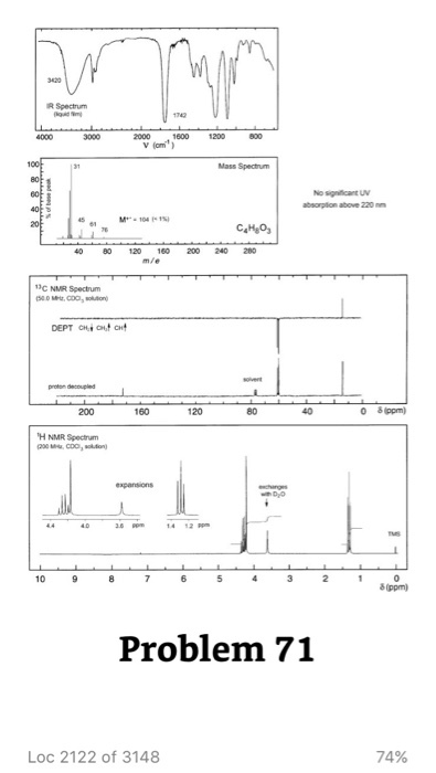 R Spectrum Mass Spectrum absorption above 220 m 40 80 120 200 240 200 C NMR Spectrum 200 160 120 80 H NMR Spectum 10 る(ppm) Problem 71 Loc 2122 of 3148 74%