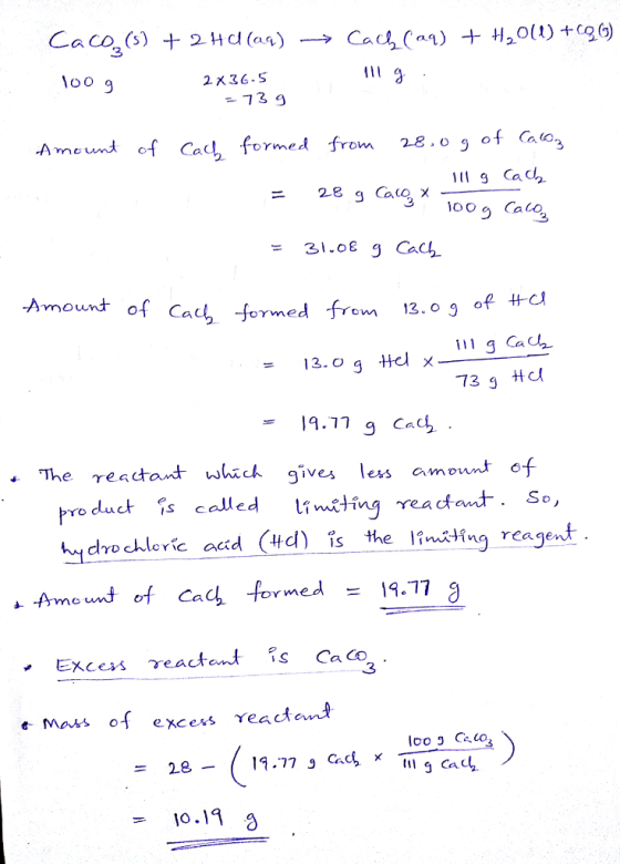 3 - 73 9 of Cad formed from 2.8.0 9 of Caon 9 Cad 310O Cato 28 Calox 31.08 g CacA Amount 어 Cacら fOY n ed from 13.og oft i Ca =13.0 739廾d 19.11 g Ca The γ€4da.t which gives less amowt of pro cluck :s called lǐ w.tingrea da.. So, drochleric acad (4d) is the lihn rcagent of cad formed Excess reactant Ca Co e Mars of excess rea =28- o.1