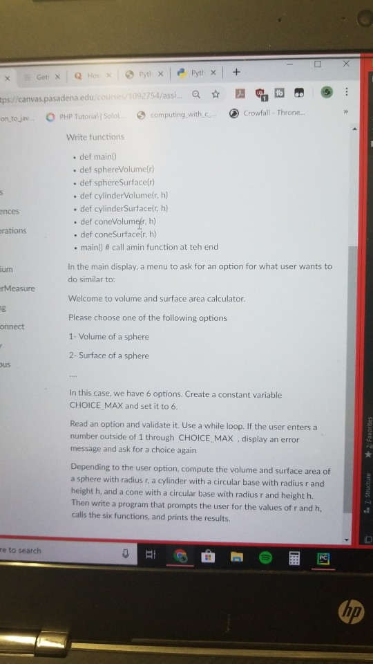 ⑤ : ib tps://canvas.pasadena.edu/courses/1032754/assi a ☆ 西%N m Crowfall. Th O computing, with-c- O PHP Tutorial | SoloL onto