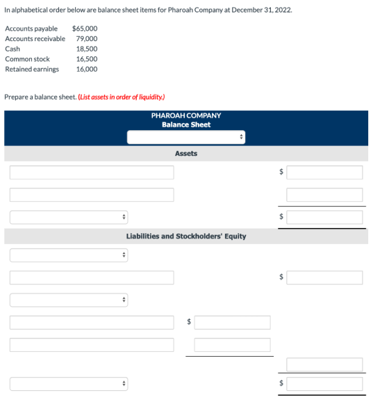 In alphabetical order below are balance sheet items for Pharoah Company at December 31, 2022. Accounts payable Accounts recei