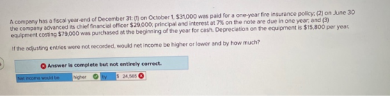 A company has a fiscal year-end of December 31: (1) on October 1, $31,000 was paid for a one-year fire insurance policy: (2)