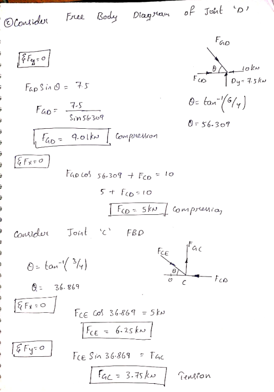 - © consider Free Body Diagram of Jout p Fao progeo] A loks E Fo= I 136369 Fao= Fcs 7.5 Dy=fske Fap sino = Os tan (674) Sin