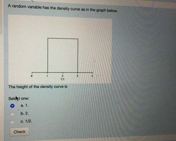 A random variable has the density curve as in the graph below. C1 The height of the density curve is Sele t one b. 2 Check