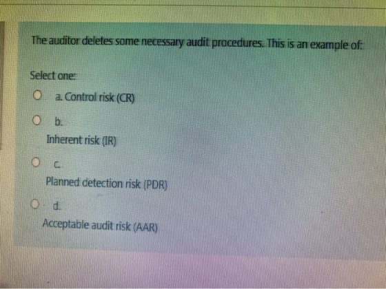 The auditor deletes some necessary audit procedures. This is an example of Select one: a. Control risk (CR) O b. Inherent ris
