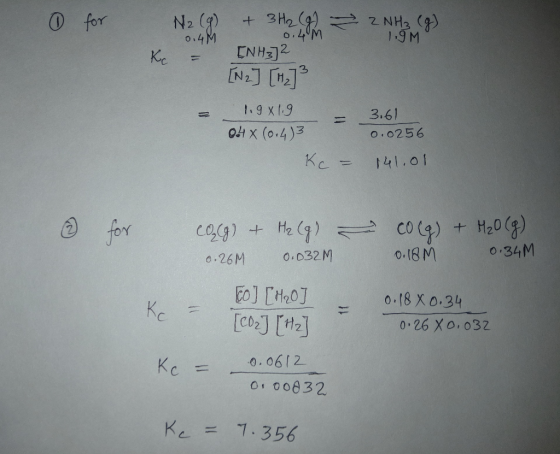 1 for N₂(g) + 3H₂(g) → 2NH₂ (g). 0.4M 0.4M 1.9M Kc = [NH3]2 [N2] [Hz]² 1.981.9 044 (0.4) 3 0.0256 Kc = 141.01 = 3.61 04x al I