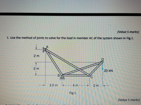 Value 5 marks) 1. Use the method of joints to solve for the load in member AC of the system shown in Fig.1. 2 m 2 m 20 KN 3.5