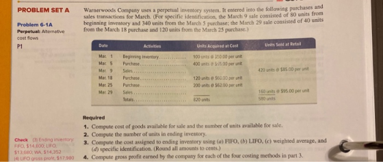 PROBLEM SET A Warnerwoods Company uses a perpetual inventory system. It entered into the following purchases and sales transa