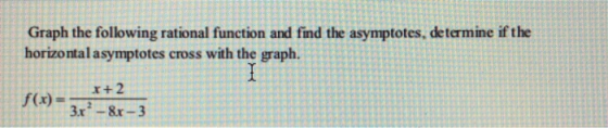 Graph the following rational function and find the asymptotes, determine if the horizontal asymptotes cross with the graph. x