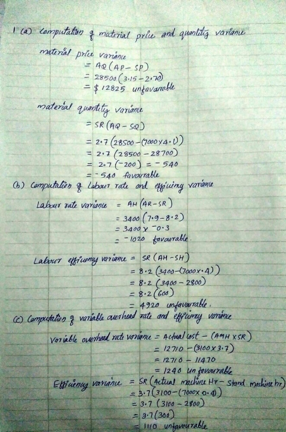 ! (@) Computatan q material prile and quantilig varlane material price variance AQ (AP-SP) = 28500 (3.15-2.70 = $12825 untava
