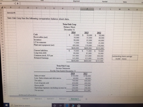 A B C D E F G H M N O Exercises Twin Oak Corp has the following comparative balance sheet data. $ Cash Receivables (net) Inve