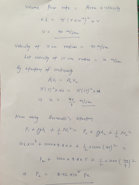 Volume flow 0.1 = rate = Area x Velocity ST (5X102) 2 x v. v = 40 m/dec m/dee Velocity of som rachiers = 40 m/see het velocit