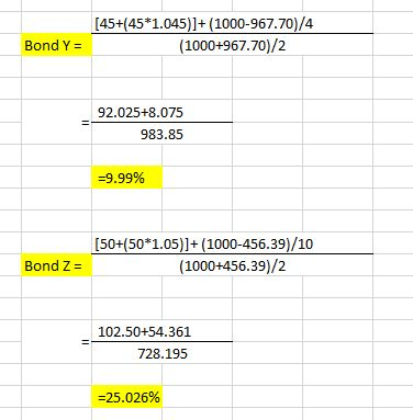 [45+(45*1.045)]+(1000-967.70)/4 (1000+967.70)/2 Bond Y= 92.025+8.075 983.85 =9.99% [50+(50*1.05)]+(1000-456.39)/10 (1000+456.