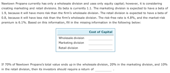 Newtown Propane currently has only a wholesale division and uses only equity capital; however, it is considering creating mar