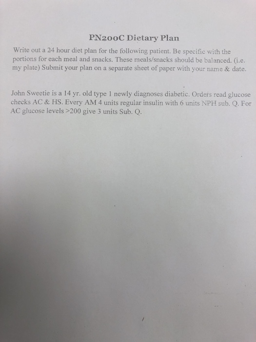 PN200C Dietary Plan Write out a 24 hour diet plan for the following patient. Be specific with the portions for each meal and